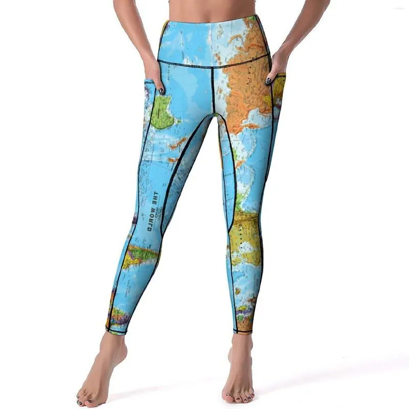 Vintage Asian Map Yoga Pants With Pockets Womens Stretchy Push Up