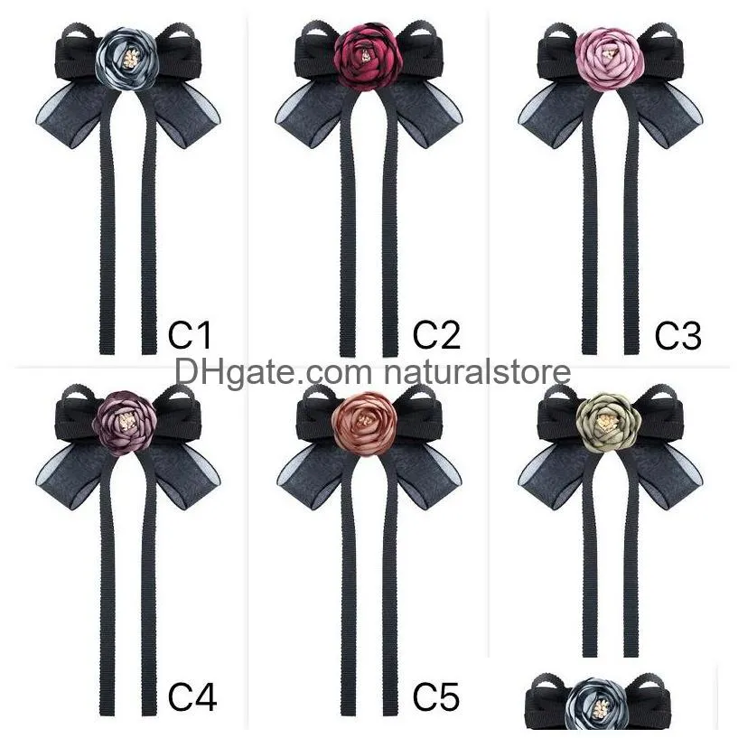 Stift broscher modedesigner camellia blommor tyg boutonniere svart fluga brittisk stil skjorta krage stift kvinnor smycken dropp deli dhvm8