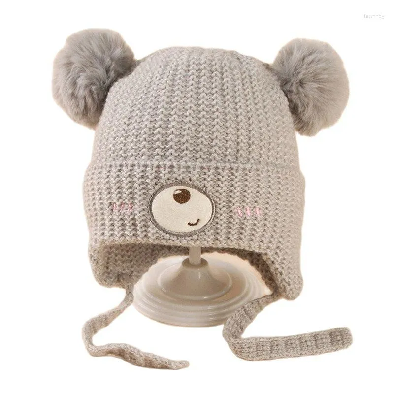 Bérets 46-50cm tricoté dessin animé ours protecteur d'oreille 2023 bébé chapeau épaissi et pull chaud