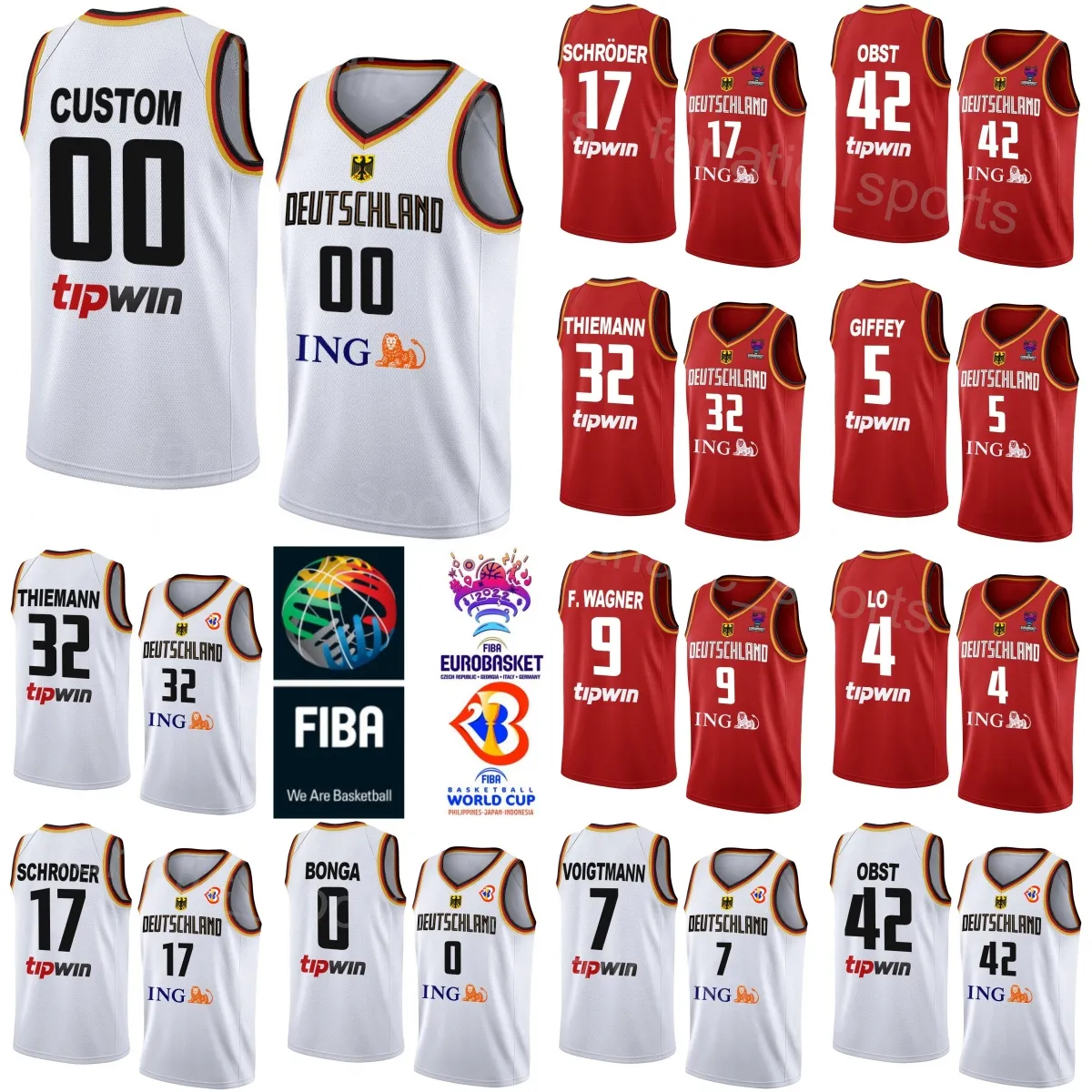 Print 2023 World Cup Germany Basketball Jerseys Deutschland 7 Johannes Voigtmann 0 Isaac Bonga 13 MORITZ WAGNER 9 Franz Wagner 5 Niels Giffey 4 Maodo Lo National Team