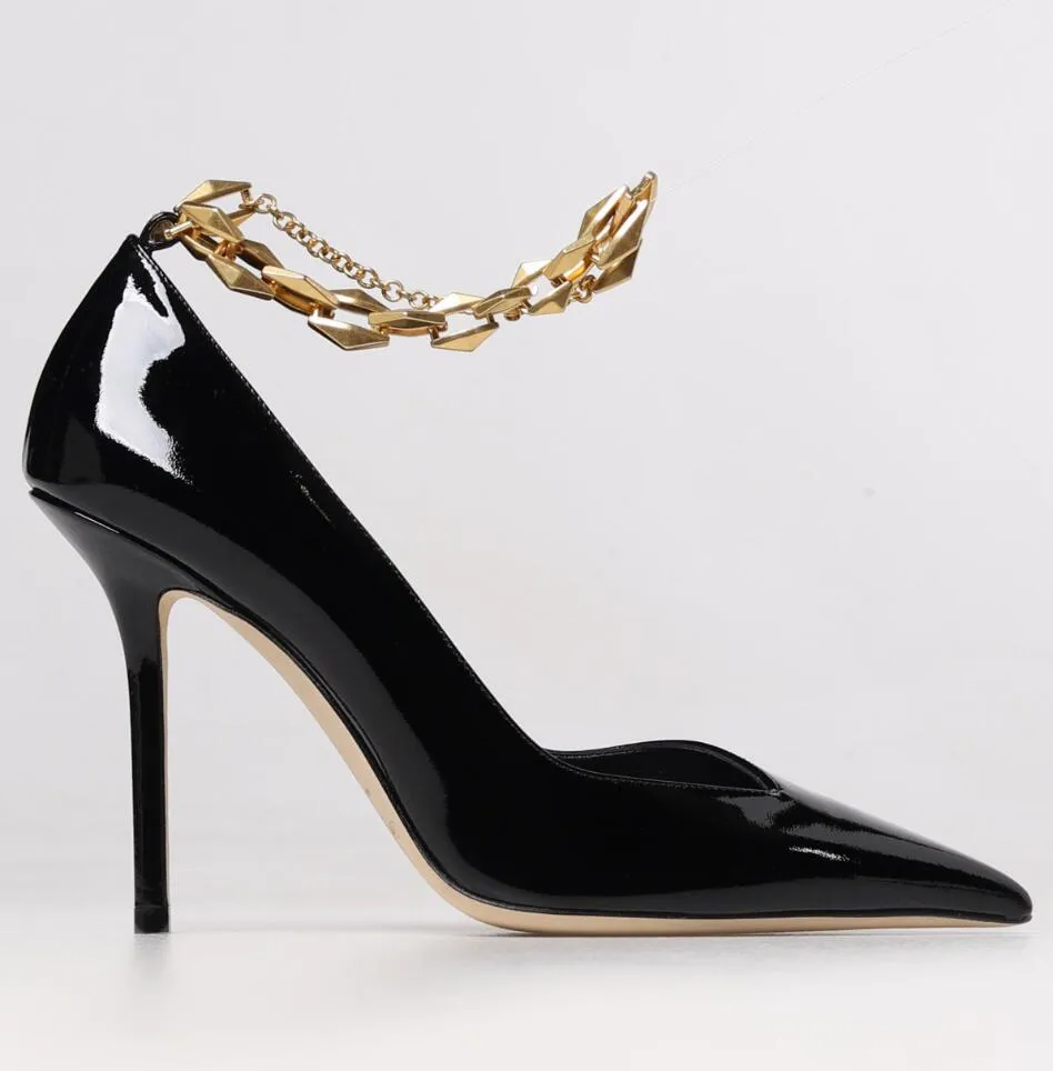 Elegant Women Diamond Talura Sandals Shoes Purple Black White Patent Leather Pointed Toe Pumps with Gold Chain Stiletto Heels Lady Brial Wedding EU35-43