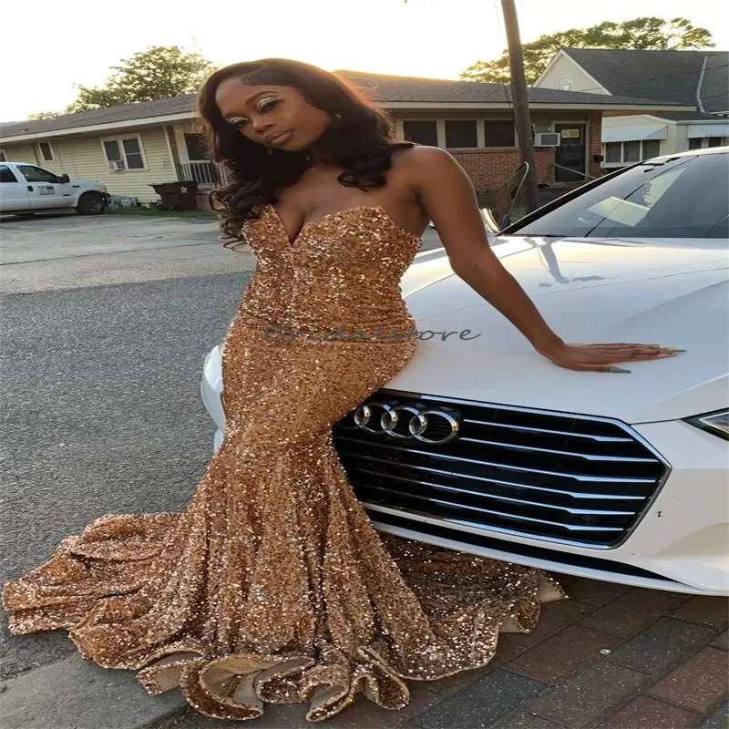 Sparkle Gold Sequin Evening Dress 2023 Glitter Mermaid Plus Size Prom Dress For Black Girls Formal Spaghetti Straps Birthday Party Robes De Bal Aso Ebi 2023