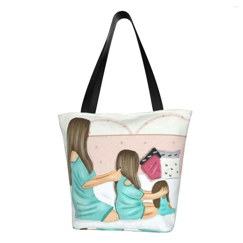 Shopping Bags Cute Printed Cartoon Family Love Tote Portable Canvas Shoulder Shopper Super Mom And Baby Handbag