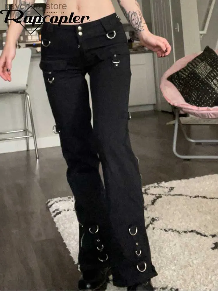 Jeans pour femmes Rapcopter Metal Zipper Flare Jeans Goth Noir Taille Basse Pantalon Cargo Poches Punk Académique Mode Pantalon De Survêtement Femmes Coréen Jean Q230901