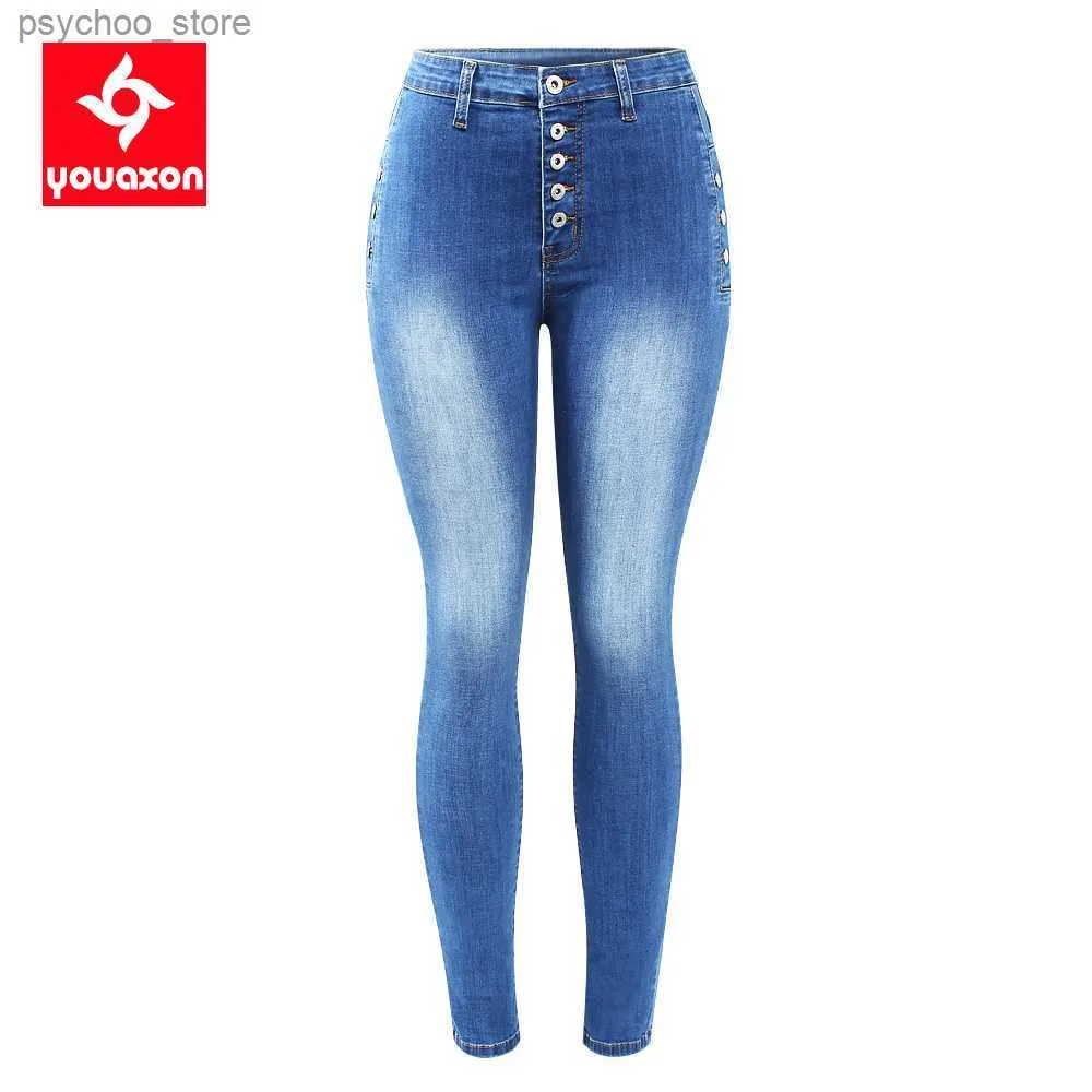 Damesjeans 2222 Youaxon Nieuwe aankomst EU-maat Button Fly Jeans Dames Hoge taille Stretch Denim Skinny Broek Jeans voor dames Q230901