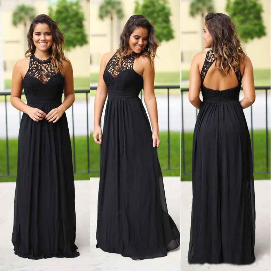 2023 Sexy Langes schwarzes Chiffon-Kleid für Junior-Brautjungfern Neckholder Günstige Spitze Country Beach Sommer-Brautjungfernkleid Hochzeitsgast-Partykleider