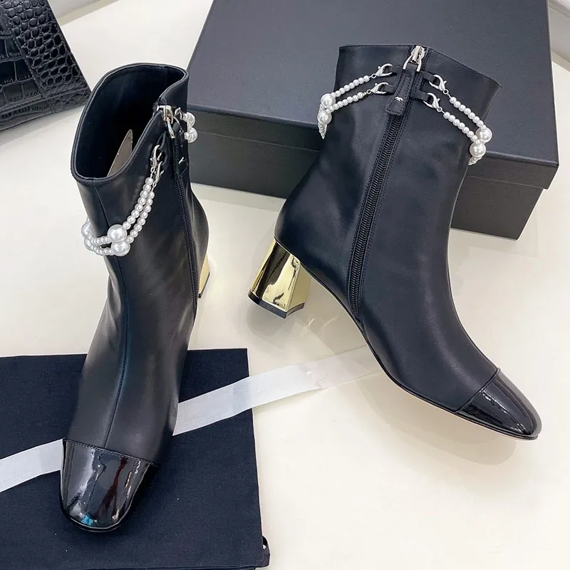 Womens Ankle Boots Designer Calfskin Chunky Heel 5cm Leisure Shoe