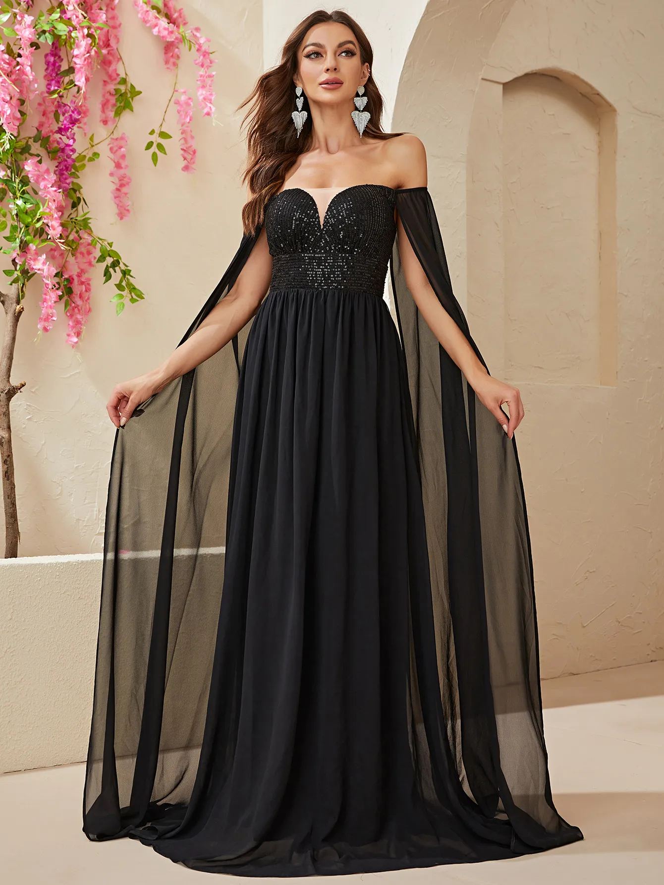 Luxurious Sequins Mother of the Bride Vestidos de cuentas Munias largas de hombro Black Place Plus Tize Formal Longitud de piso Longitud incluso de fiesta 403