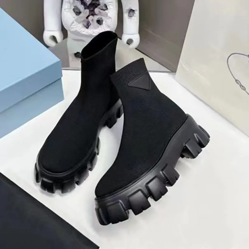 New Cuff Rib Socks Low Heel High Boots Stretch Knit Black Leather Biker Over the Knee Boots Women`s Luxury Designer Shoes Factory Shoes withbox