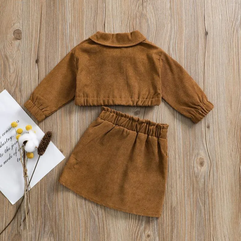 Kledingsets Kinderen Baby Meisjes Corduroy Korte Rok Set Lange Mouw Revers Rits Kraag Tops Elastische Taille 2023 Mode