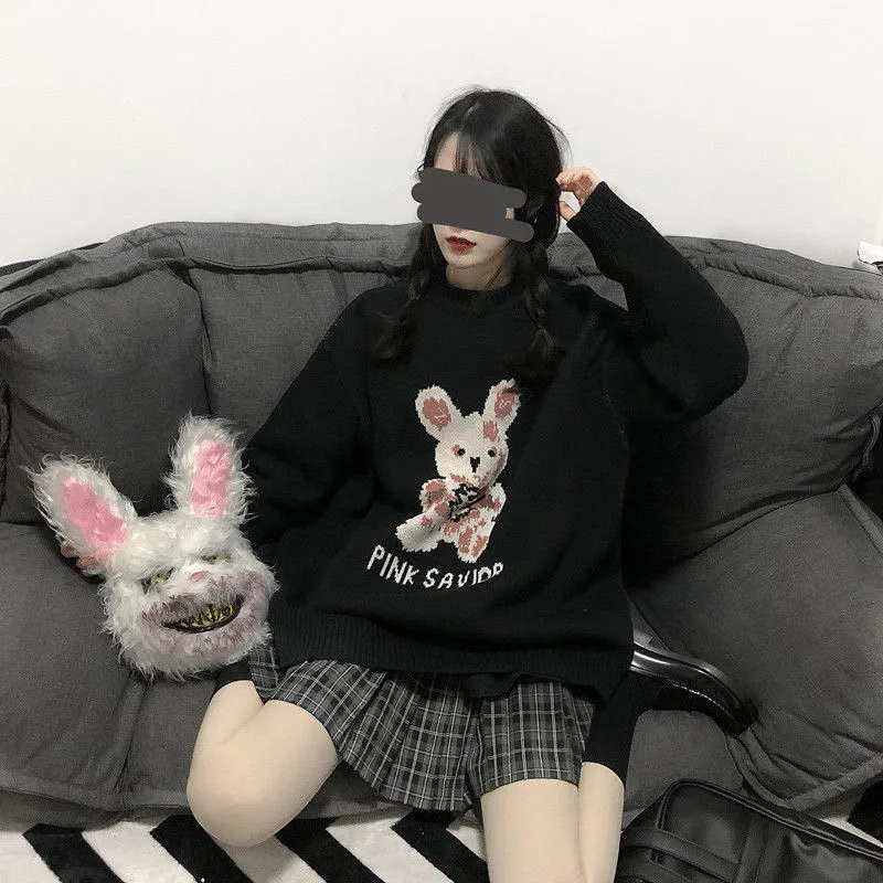 Y2K loose pullover plaid clothing Korean fashion men's European and American retro autumn and winter Harajuku rabbit knitted sweater Gothic casual sweater