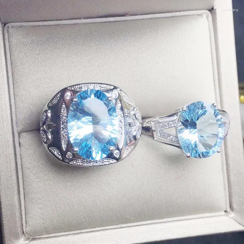 Küme Yüzük Çift Doğal Gerçek Gökyüzü Mavi Topaz Oval Büyük Aşıklar Halkası 6ct 1pc 8.8Ct Taş 925 STERLING Gümüş T291105