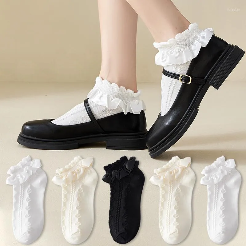 Women Socks JK Lolita Lace Ruffles Solid Color Black White Beige Short Japanese Style Sweet Girls Kawaii Cute Ankle