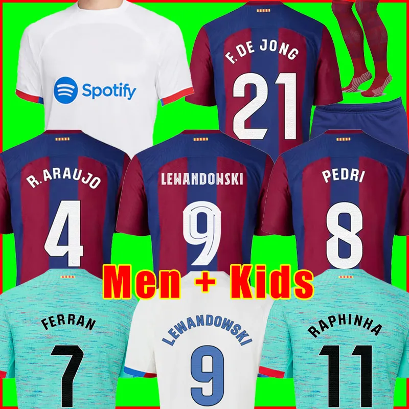 Lewandowski koszulki piłkarskie 23 24 Ansu Fati Barcelonas Pedri Gavi R. Araujo Ferran Raphinha 2023 2024 F. de Jong Barca Camisetas Football Shirt Men Kid Kit Equip