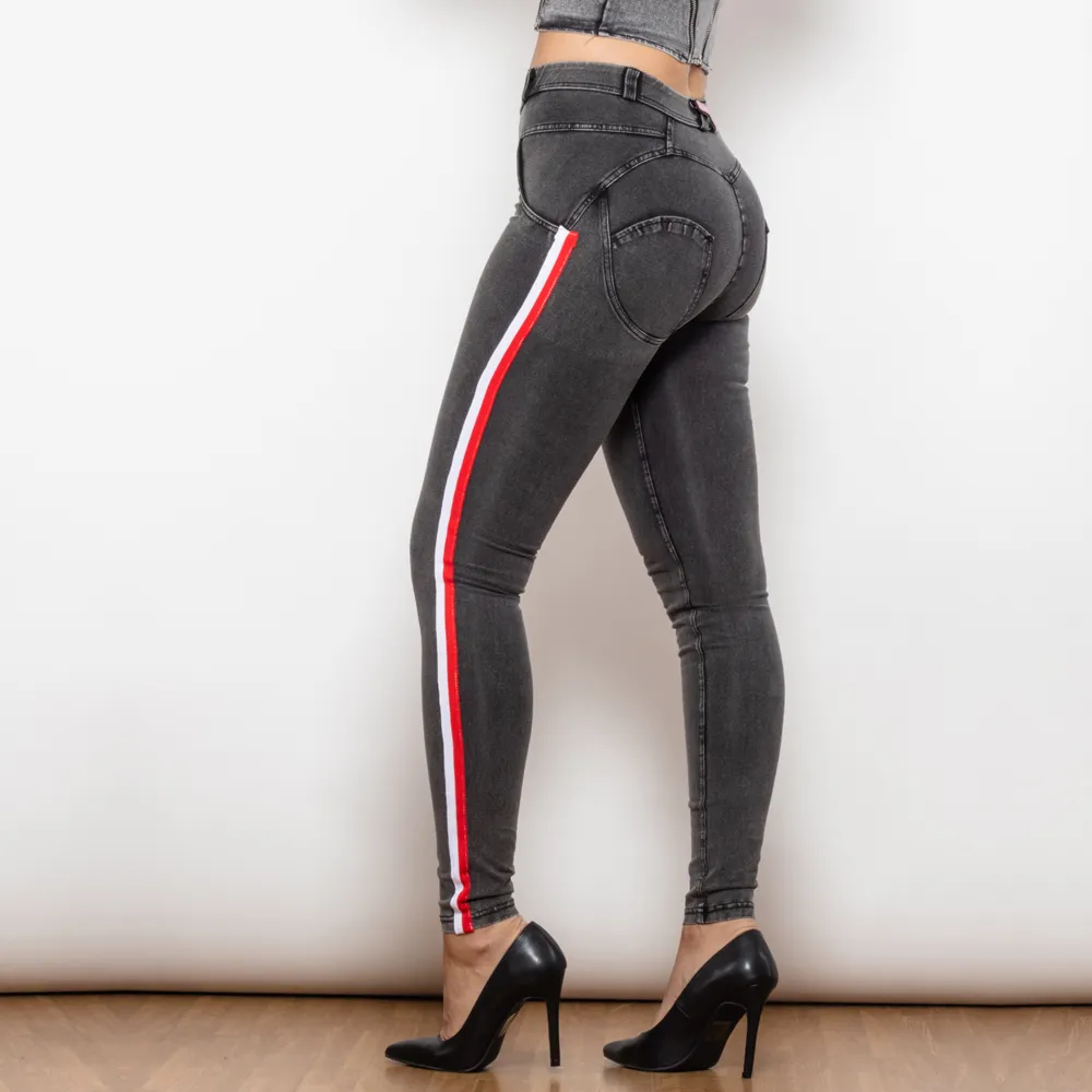 Shascullfites мелодия средняя талия темные нить серая джинсы с полосой Scrunch Bum Jeggings Женщины джинсы для задних джинсов