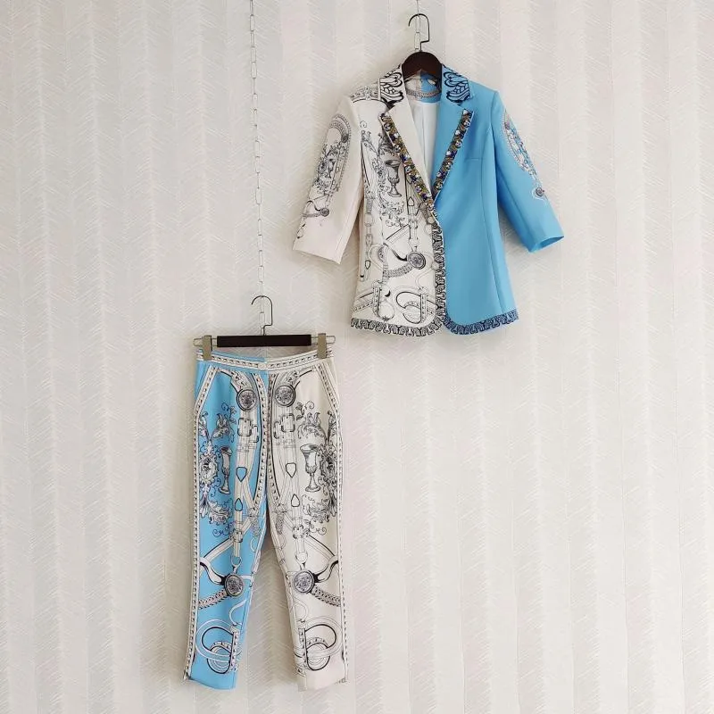 Женские штаны с двумя частями винтажные припечатки бриллиантовых костюмов Top Top Color Satching Setting