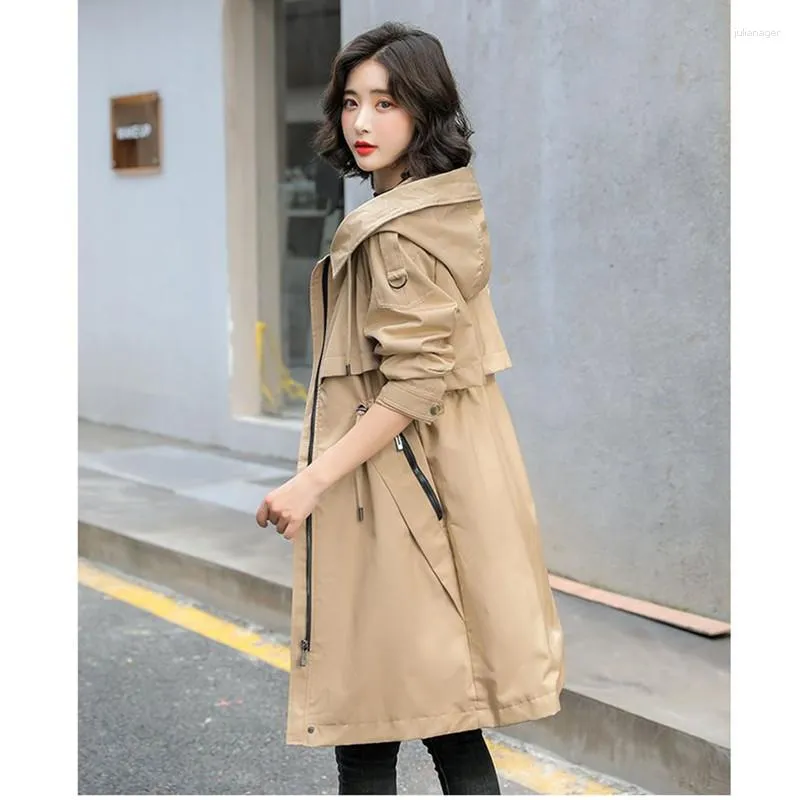 Women's Trench Coats Korean Coat For Women 2023 Spring Autumn Medium To Long Overcoat Casual Hooded Drawstring The Waist Windbreaker Female