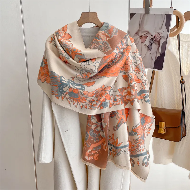 Scarves Cashmere Poncho Scarf Women Thick Warm Blanket Shawl and Wraps Fashion Print Design Travel Pahsmina Bufanda Stoles Echarpe 230901