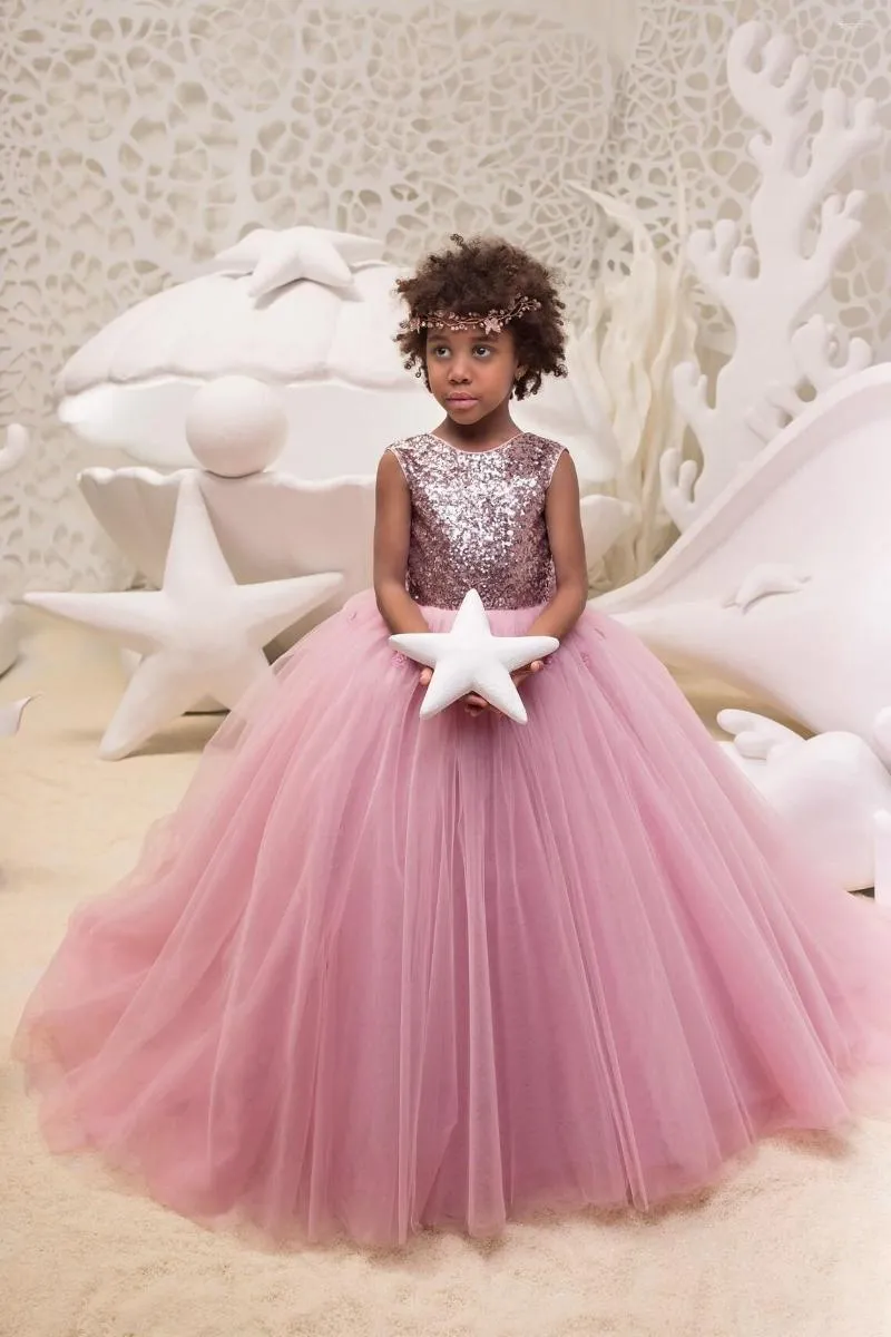 Robes de fille en Tulle rose poussiéreux, à fleurs, avec nœud à paillettes, pour fête d'anniversaire, mariage, longue robe de concours de première Communion pour bébés enfants