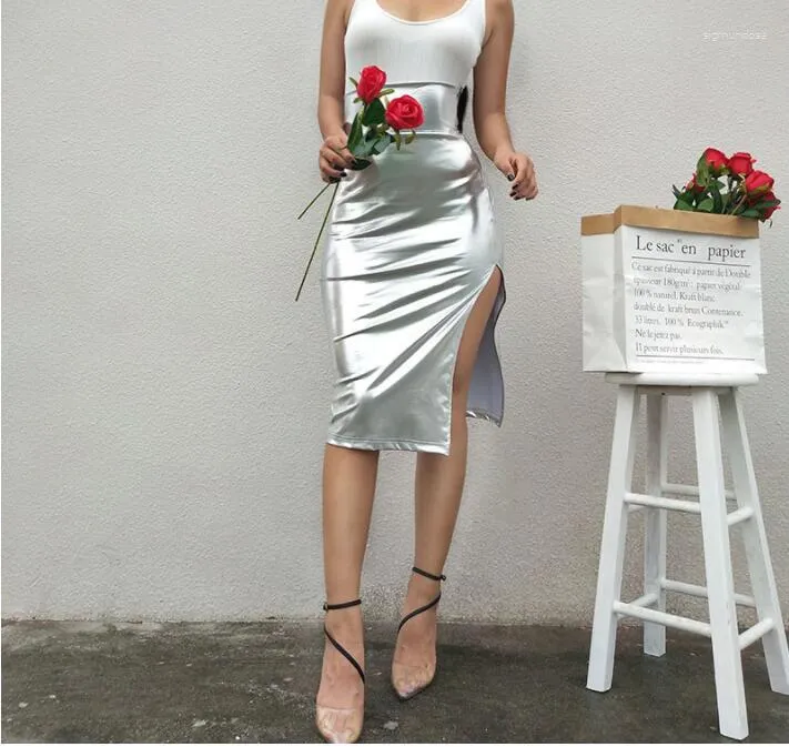 Kjolar sexiga bodycon delade silver kjol kvinnor hög midja vinter kvinnlig elegant modeparty botten lång