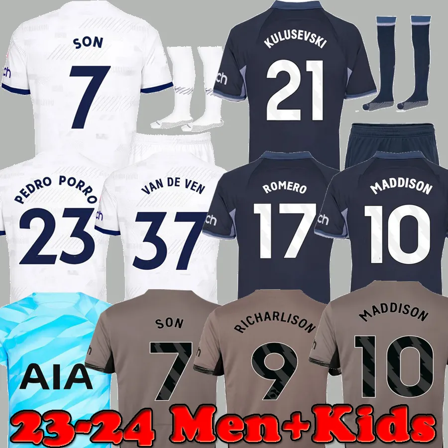 Son Maddison 23 24 Richarlison Soccer Jersey Van de Ven Kulusevski Hojbjerg Skipp Perisic 2023 2024 Romero Pedro Porro Football Kit Spurs Men Kids Set Veliz Dier