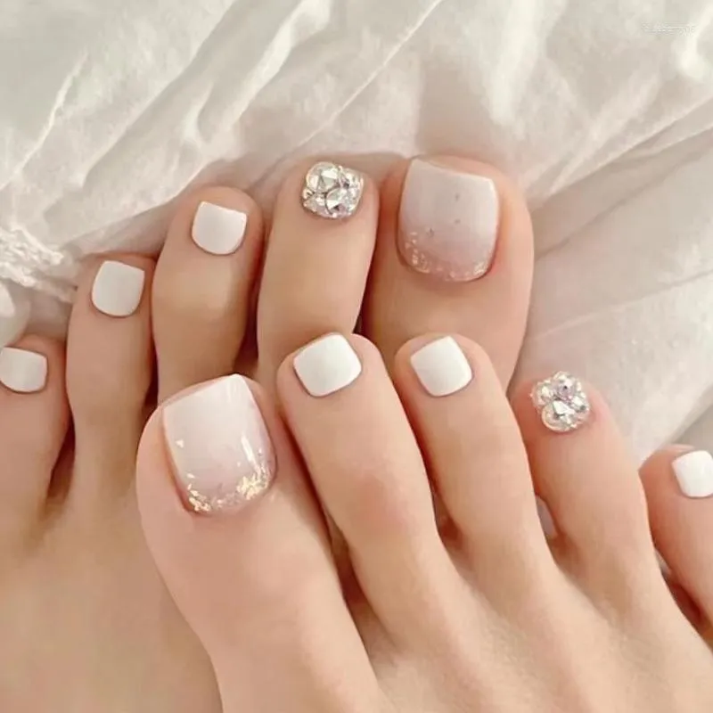 False Nails Finished Short White Toenail Patch Wearable Nail Glittering Pink Rhinestone Summer