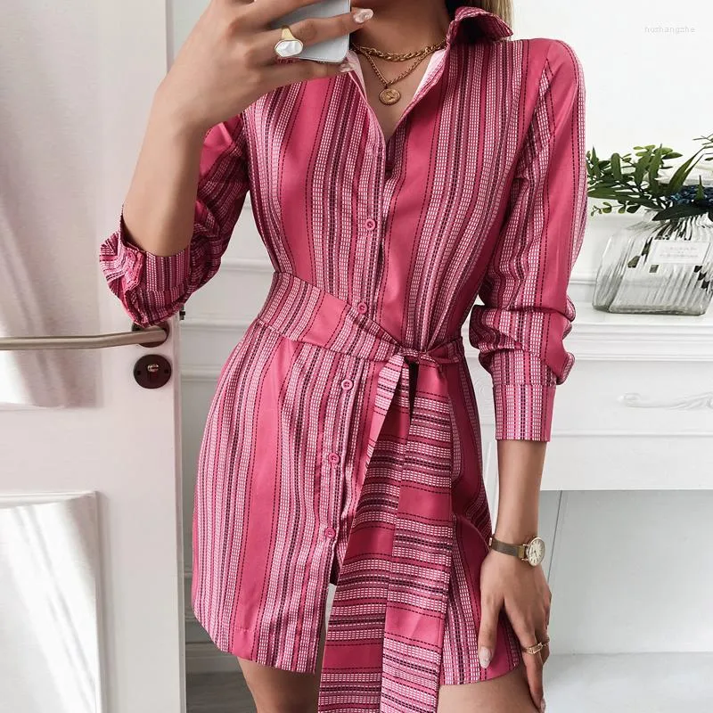 Casual Striped Print Long Sleeve dress with Lapel and Lace-Up Back - Elegant Single Breasted Office Shirt for Women in Autumn Casual Striped Print Long Sleeve dress with Lapel and Lace-Up Back - Elegant Single Breasted Office Shirt for Women in Autumn