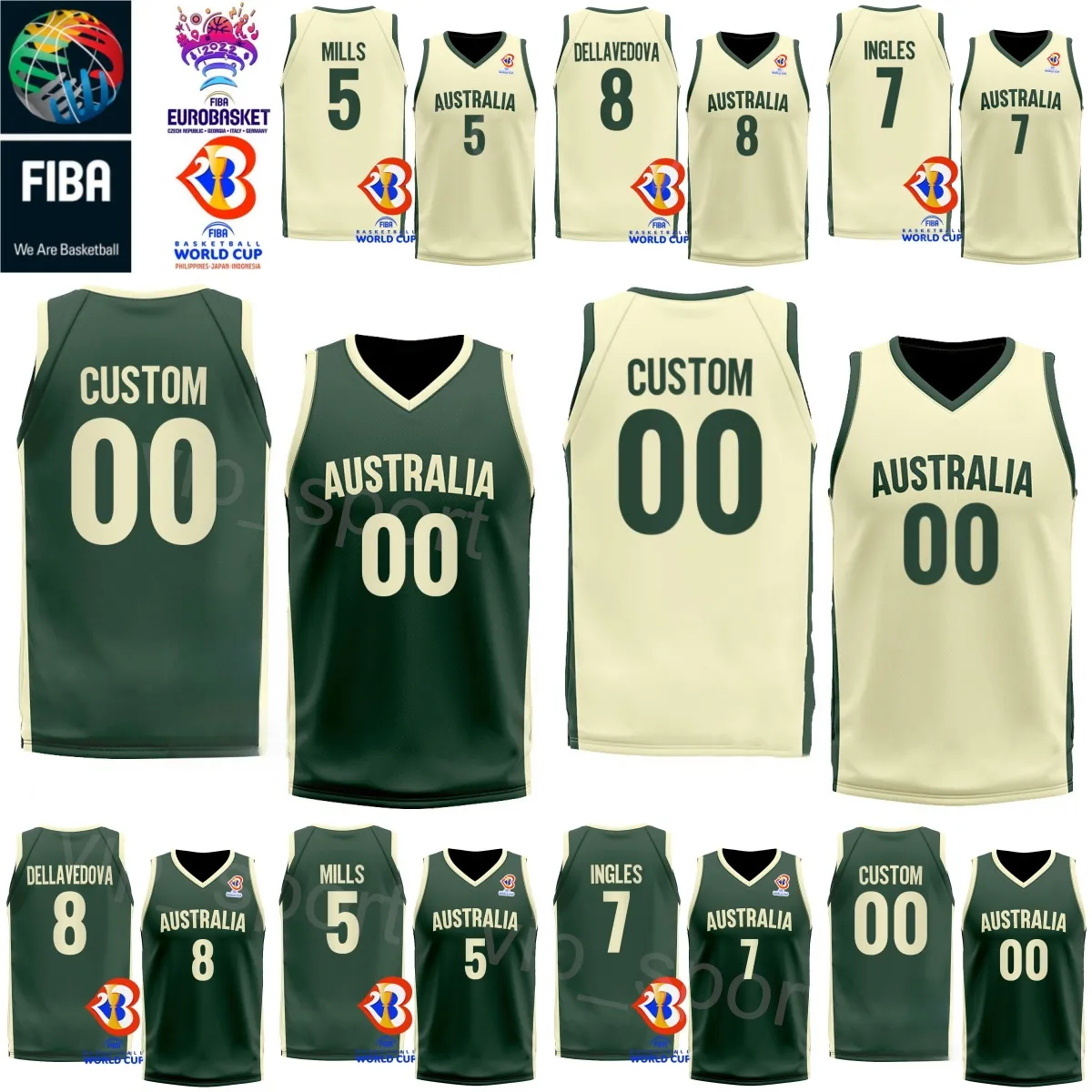 Printball Basketball Australia Jerseys 2023 World Cup 5 Patty Mills 3 Josh Giddey 15 Nick Kay 12 Xavier Cooks 7 Joe Ingles 11 Dante Exum 26 Duop Reath Green Beige Sport