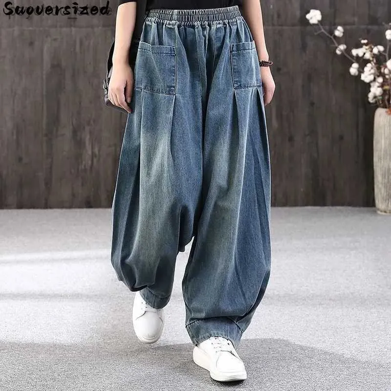 Damesjeans Oversize 110kg Vintage Baggy Jeans Casual Pantnes Holgados Mujer Elastische hoge taille Denim Wijde pijpen Broek Street chic Vaqueros Q230901