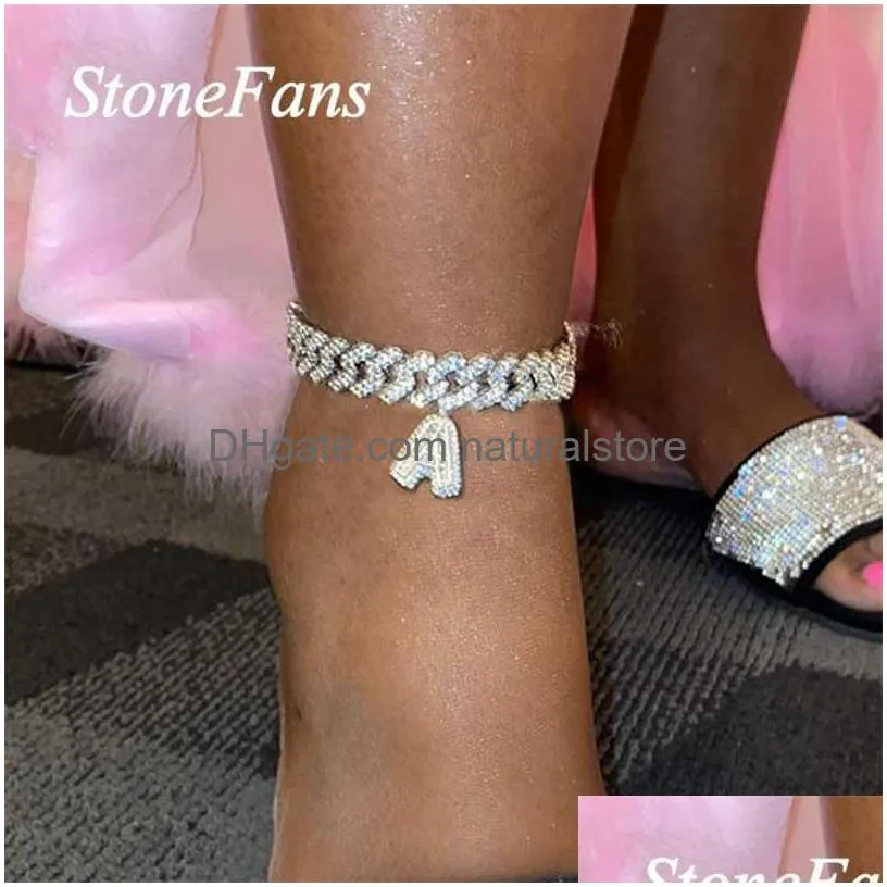 Anklets Stonefans A-Z Początkowa litera Kubańska biżuteria dla kobiet Miami lodowe Baguette Cyrkon Bransoletka 211018 Drop de Dhzbl