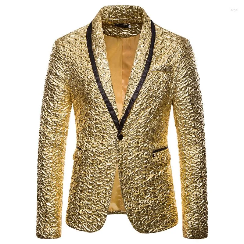 Costumes pour hommes Gold Metallic Costume Veste Hommes 2023 Marque Châle Col Un Bouton Robe Blazers Fête De Mariage Stade De Bal Costume Homme VD4115