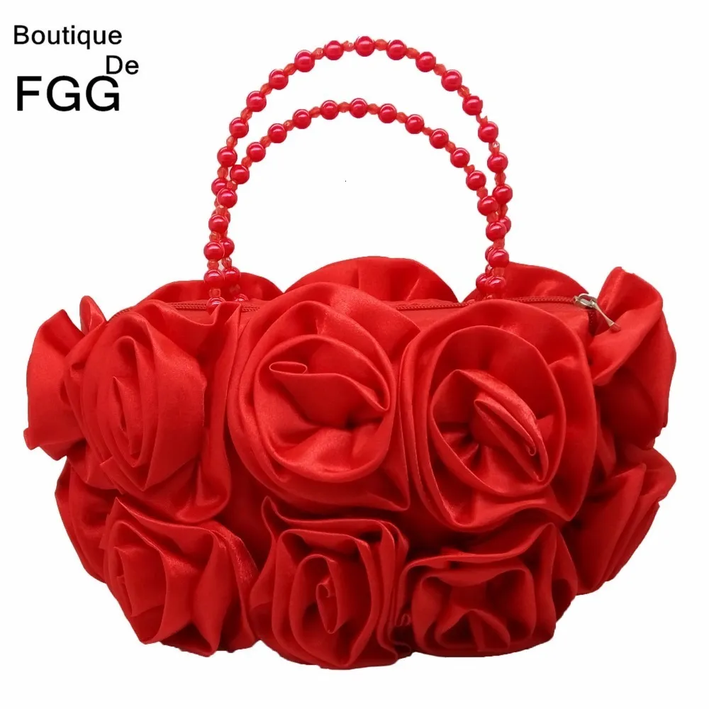 イブニングバッグブティックde fgg Red Flower Rose Bush女性サテン財布ビーズハンドルバッグウェディングハンドバッグブライダルクラッチ230901