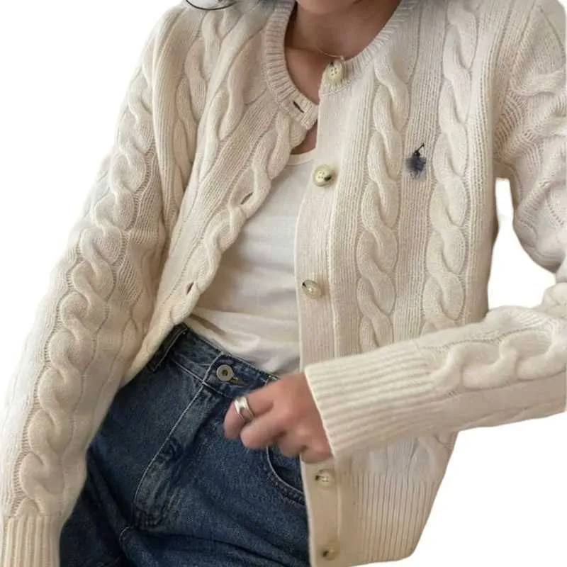 Designers Ralphs Plafond rond Laine gonflable Pâte frite Twists Cardigan Femmes Torsadées Pull à manches longues Col College Casual Extérieur WIDX