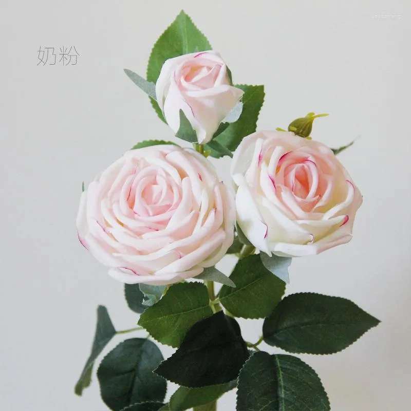 Fleurs décoratives Faux 3 têtes sensation Latex Rose hydratant vraie touche artificielle Bouquet de mariée mariage événement décor maison Faux