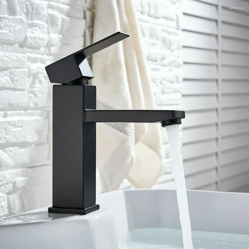 Rubinetti per lavandino del bagno Rubinetto per lavabo quadrato nero opaco Rubinetto per acqua fredda Rubinetti per miscelatori a cascata in acciaio inossidabile 304 Montaggio su piattaforma