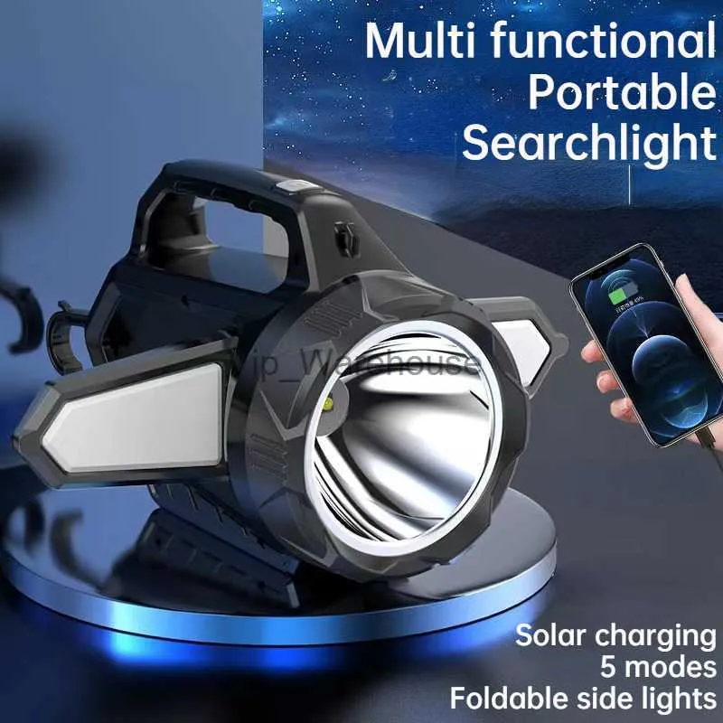 トーチ強力な懐中電灯ソーラー充電トーチ屋外の明るくて大容量長距離LEDライト家庭用ポータブルサーチライトHKD230902