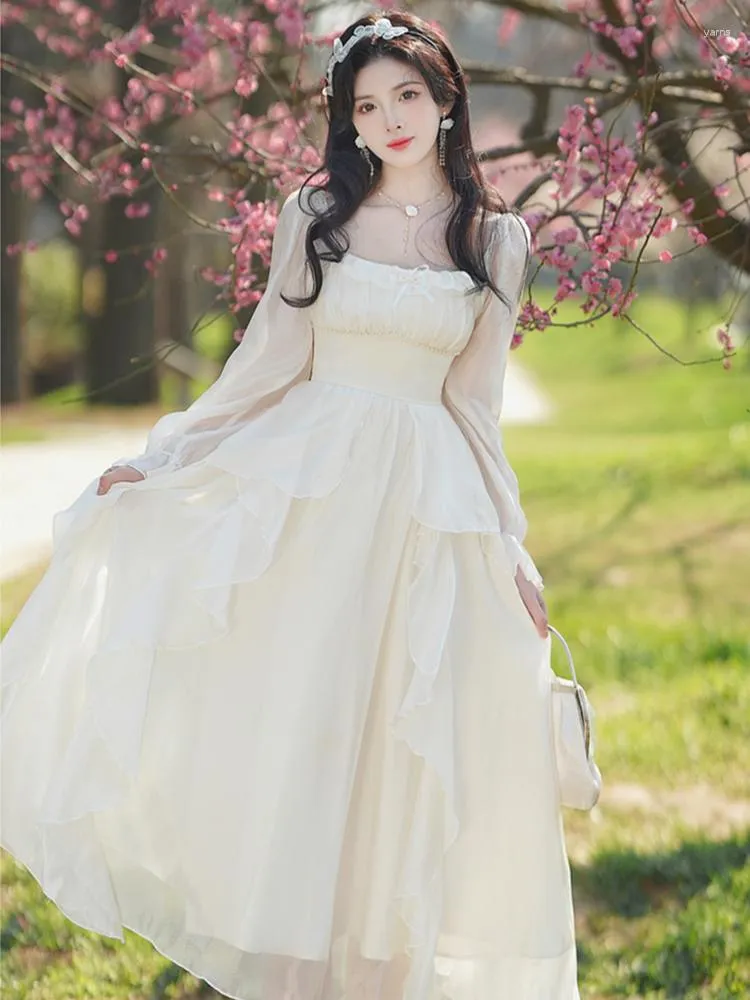 캐주얼 드레스 가을 여자 도파민 레트로 프랑스 낭만적 인 흰색 하이 허리 요정 슬림 한 달콤한 큰 스윙 긴 소매 드레스