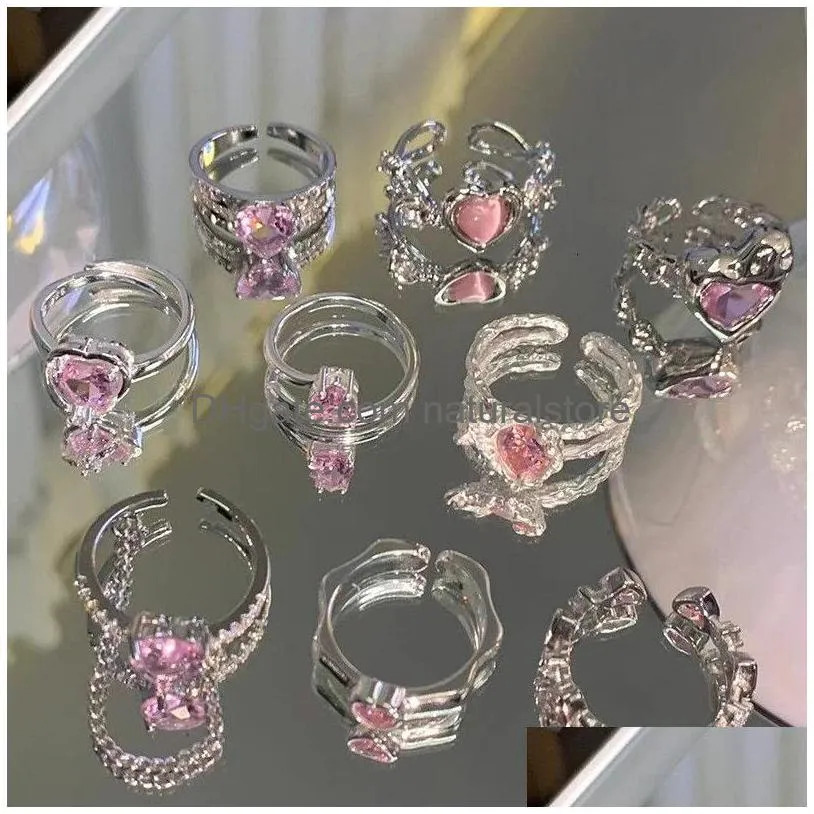 Кластерные кольца Kpop Pink Crystal Love Heart Open Ring для женщин BFF Luxury Vintage Grunge Эстетические украшения эмо y2k аксессуары De Dhzod