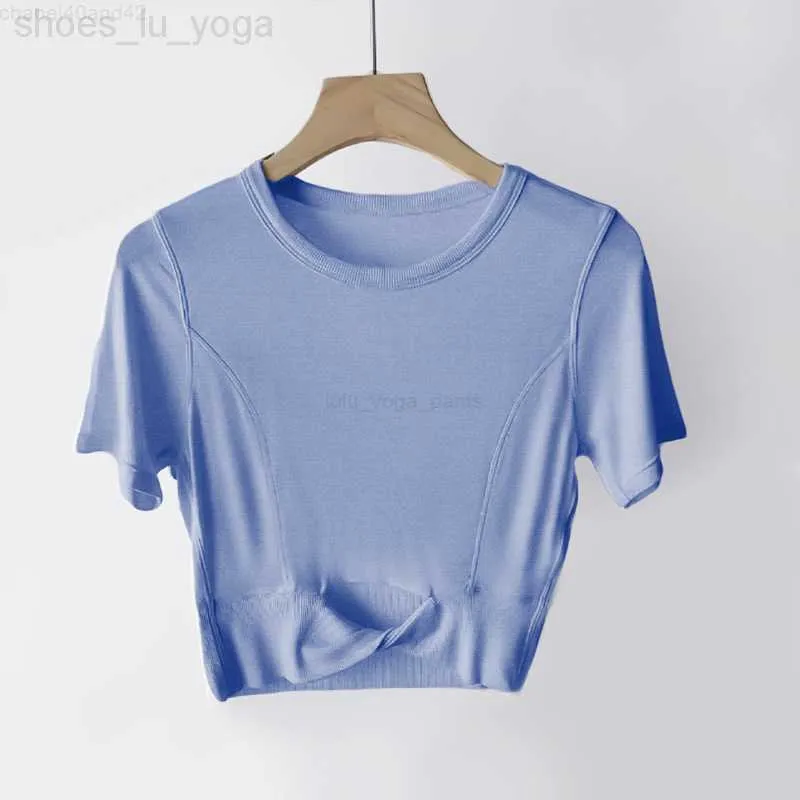 Lu feminino yoga recortado modal camiseta com nervuras colheita superior modal manga curta respirável apertado esportes jogging roupas esportivas