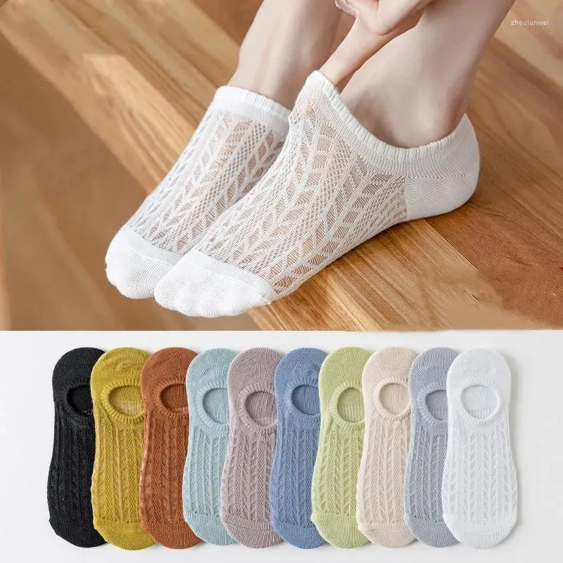 Chaussettes bateau invisibles pour femmes, 5 paires, été, Chaussette antidérapante en Silicone, basse, coton, respirant, Kawaii