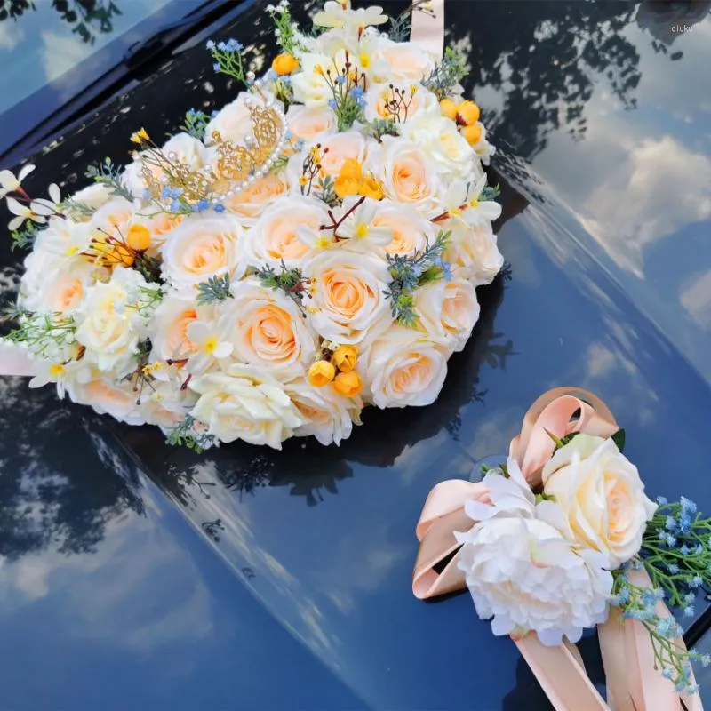 Dekorativa blommor bröllop bil dekoration romantisk kärlek konstgjord evig champagne rose float torkad
