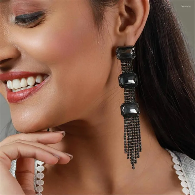 Dangle Earrings Sexy Rhinestone Black Square Stone Long Tassel Drop Dinner Jewelry For Women Crystal Geometric Charm