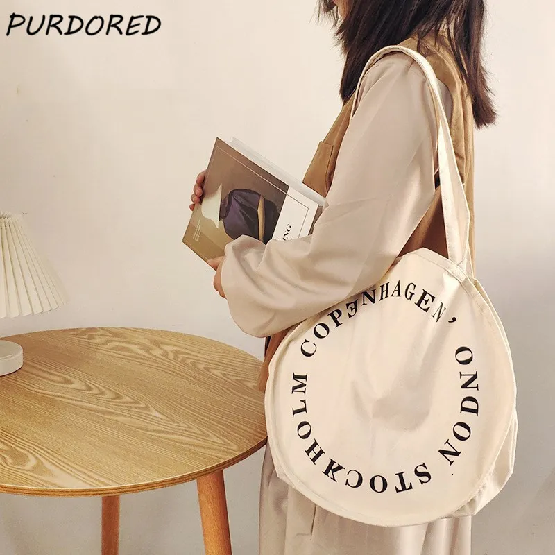 Sacos de compras Purdored 1 pc forma redonda mulheres sacola lona carta decoração bolsa casual feminino ombro bolsa reutilizável 230901