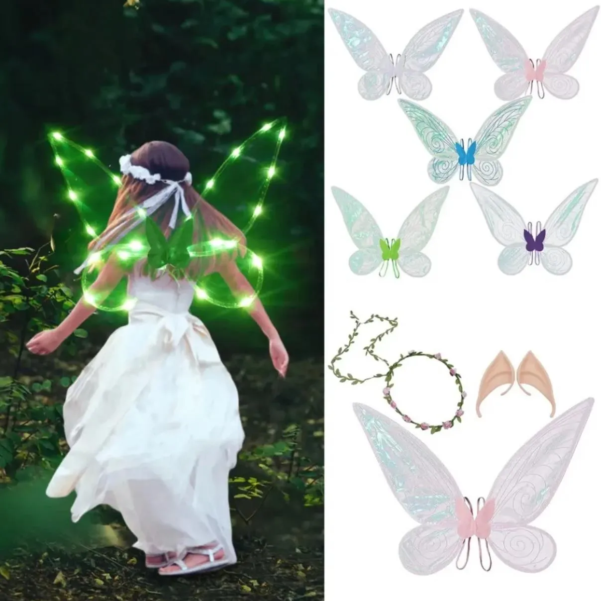 Fairy Wings for Girls Halloween Costume Dress Up Fittling Sheer Wings with Flower Crown Headband och Elf Ears Set For Kids Adults Wholesale