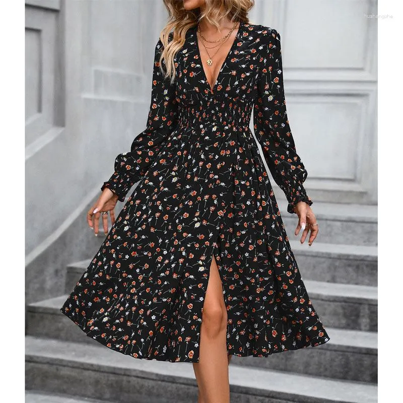 Floral Long Sleeved Midi Casual Dress Autumn V-Neck, High Shop Now!