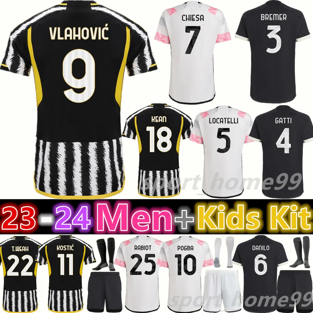 Ny 23 24 Vlahovic Juventus Soccer Jersey Kean 2023 2024 Locatelli Pogba Chiesa Rabiot Home Away 3rd Football Shirt Bremer Danilo Vuxna män KIDS KIT JUVE JUVE