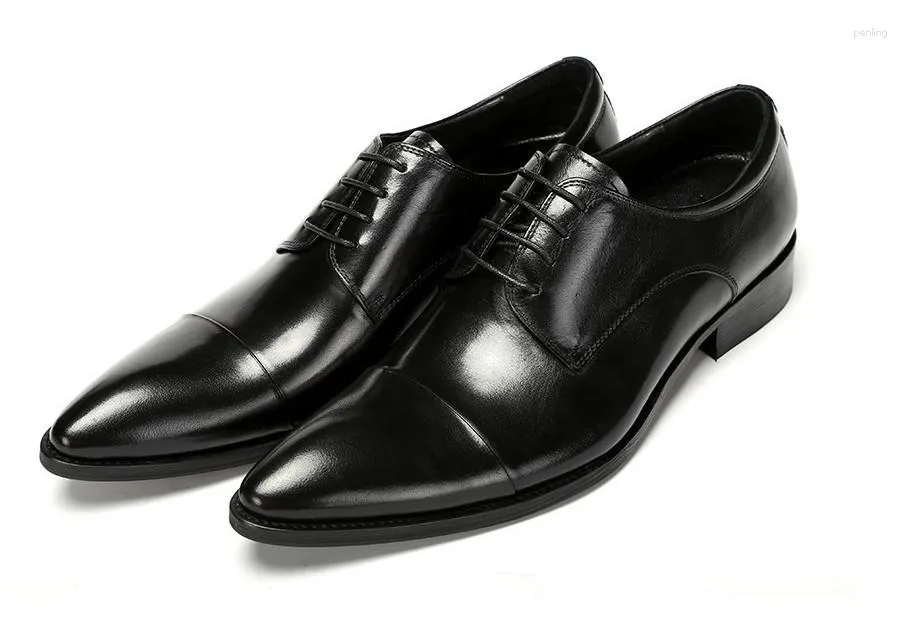 Dress Shoes Pointed Toes Men Wedding Black Lace Up Classic Formal Business Mens Genuine Leather Male Flat