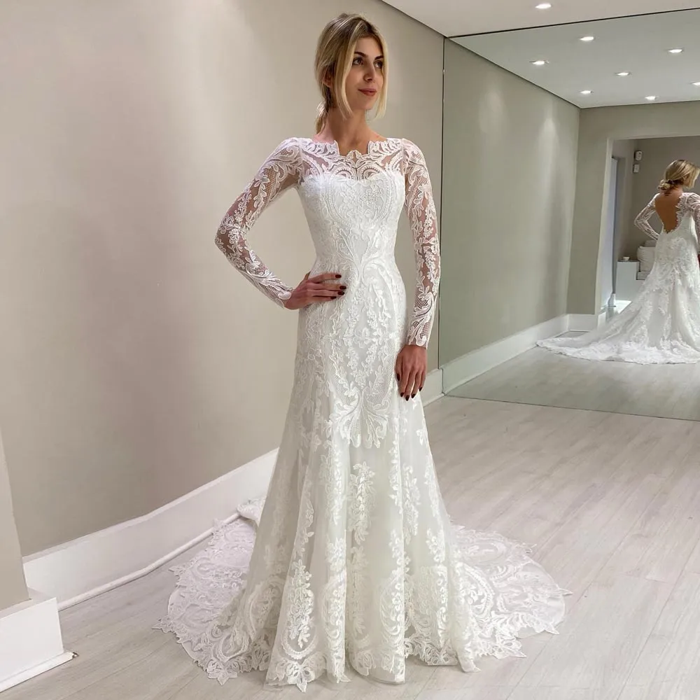 Preciosos vestidos de novia de sirena sin espalda, vestido de novia de encaje de manga larga, cuello de barco transparente, tren de barrido, bata Bohemia de Mariee