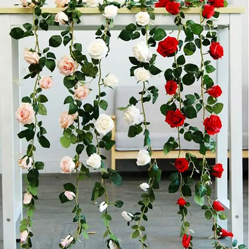 Fiori decorativi 2 m di seta artificiale rosa fiore edera vite foglie verdi stringa per la decorazione domestica di nozze piante finte ghirlanda sospesa