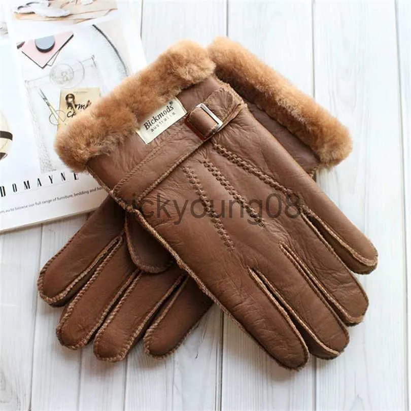 Cinq doigts gants en peau de mouton gants de fourrure épais hiver chaud grande taille extérieure coupe-vent couture à la main froide cousu doigt en cuir 211124 x0902